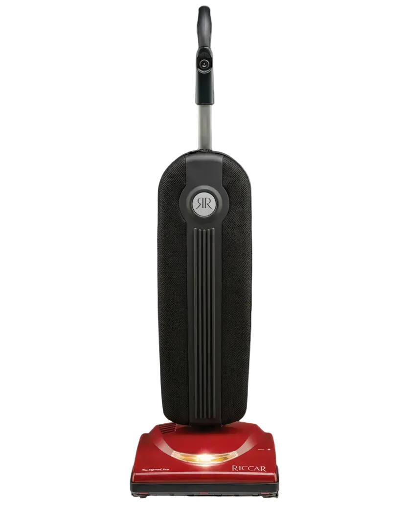 Upright vacuum cleaner with red base and black body on a white background