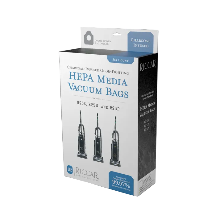 Box of Riccar HEPA media vacuum bags on a gray background