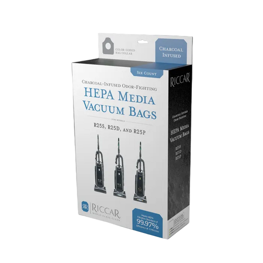 Box of Riccar HEPA media vacuum bags on a gray background