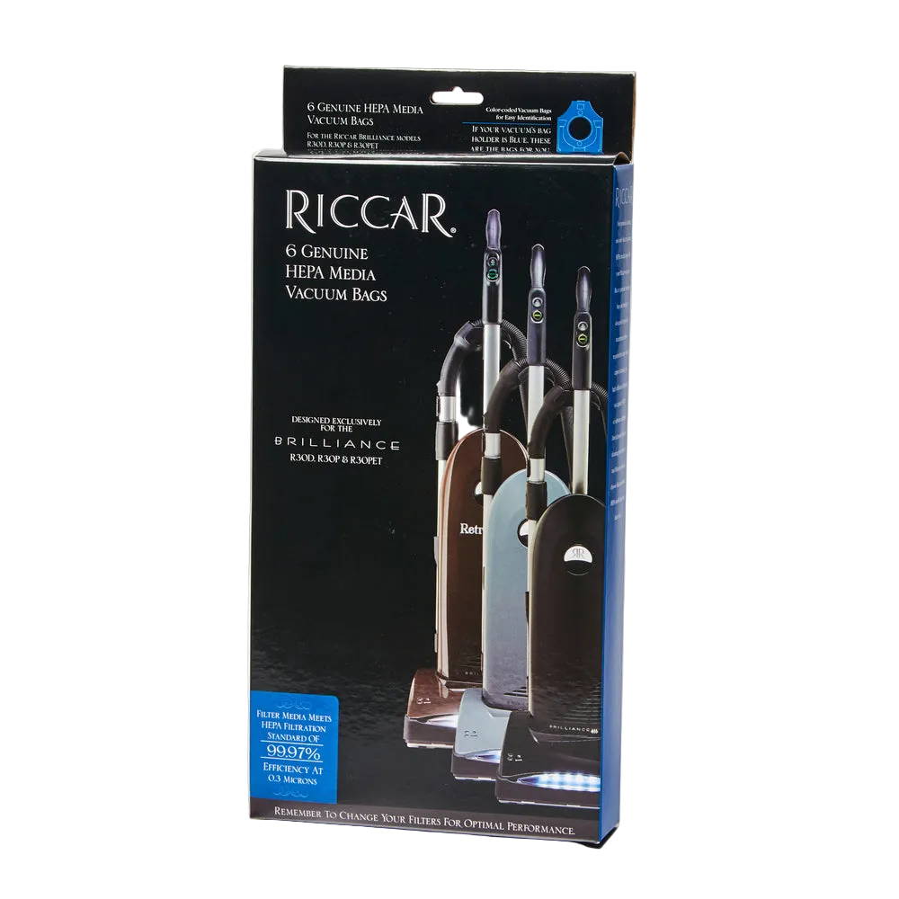 Riccar vacuum bags packaging with vacuum cleaner images on a white background