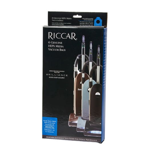 Riccar vacuum bags packaging with vacuum cleaner images on a white background