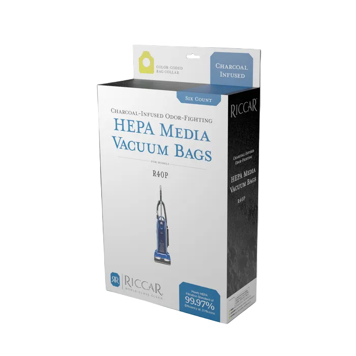 Box of Riccar HEPA media vacuum bags on a gray background