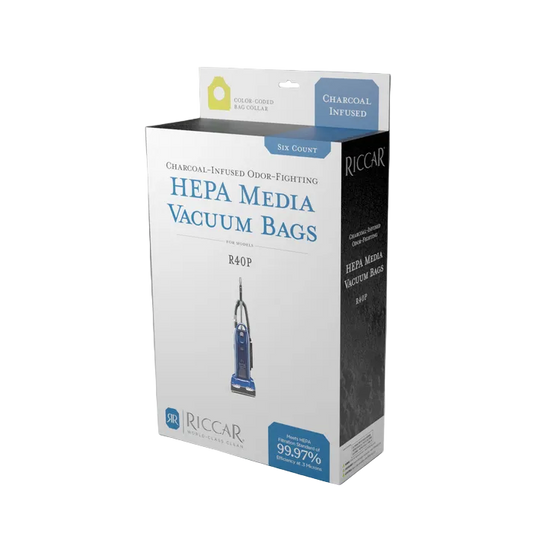 Box of Riccar HEPA media vacuum bags on a gray background