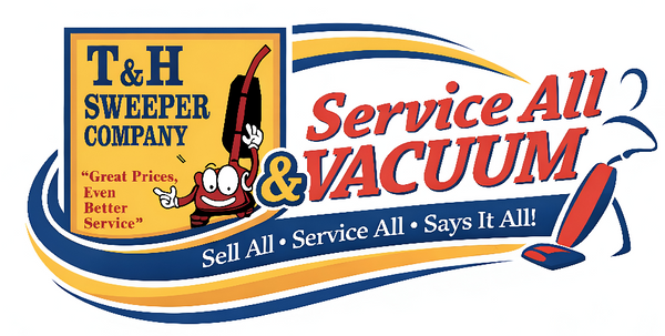Logo of T&H Sweeper Company featuring a cartoon character and text about vacuum cleaning services.