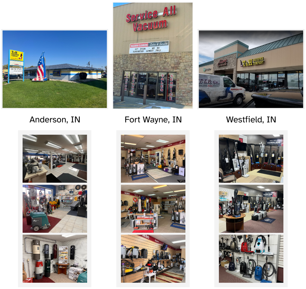 Collage of various locations with store exteriors and interior views, including Service All Vacuum and T&H Sweeper Company.